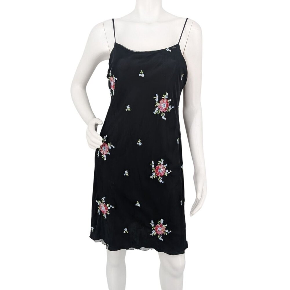 Vtg Y2K Sheer Mesh Overlay Mini Slip Dress Floral Embroidered Whimsigoth Size 12